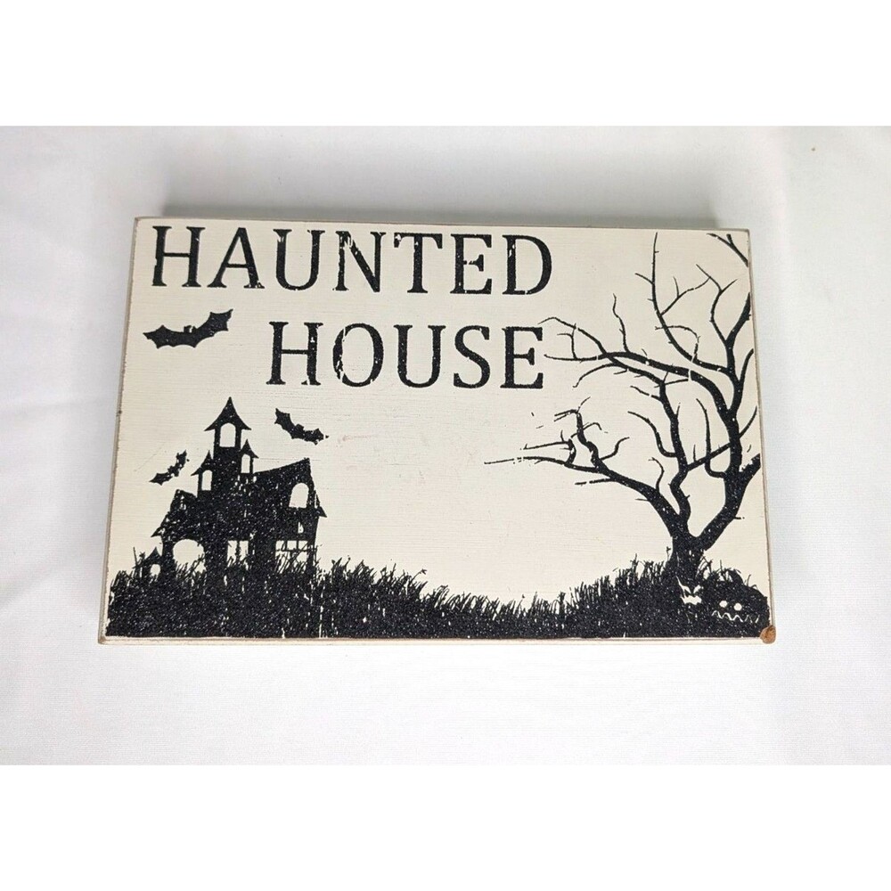 Haunted House Halloween Wall/Shelf Vintage Style Wood Sign - Ivory & Black